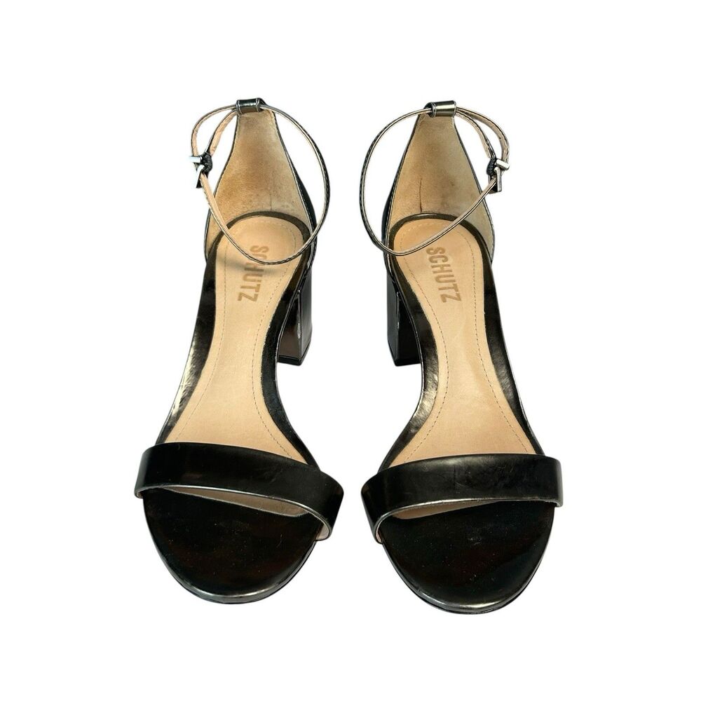 Schutz Womens Chimes Block Heel Sandals 8 B Gunmetal Metallic Strappy - Picture 5 of 9